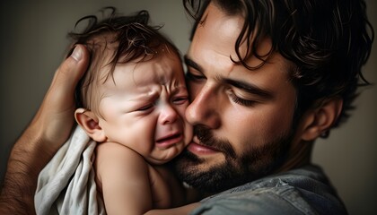 Wall Mural - Tender moment of a man comforting a crying baby in his arms with love and care