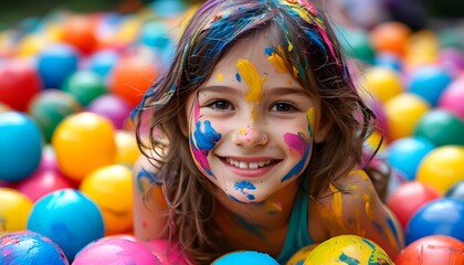 Wall Mural - Joyful girl surrounded by colorful balls, covered in paint, radiating happiness while lying on the ground