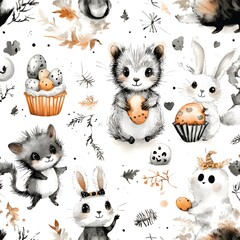 Wall Mural - Cute Animals Watercolor Seamless Pattern