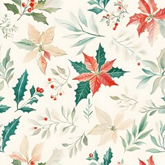 Wall Mural - Watercolor Seamless Pattern with Christmas Foliage