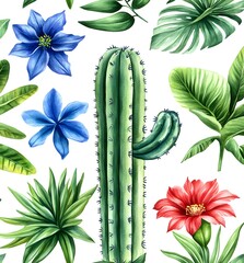 Poster - Watercolor Cactus with Blue and Red Flowers and Green Leaves