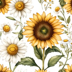 Poster - Watercolor Sunflowers and Daisies Pattern