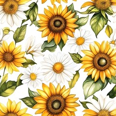 Canvas Print - Watercolor Sunflower and Daisy Seamless Pattern