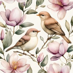 Poster - Watercolor illustration of two birds on a branch with magnolia flowers