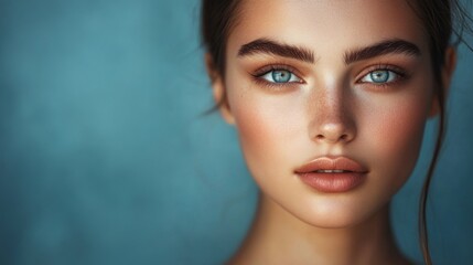 A glamorous portrait of a woman with perfectly symmetrical features, luminous skin, and defined brows, evoking timeless beauty and sophistication.