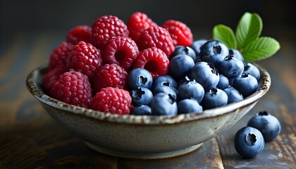 Wall Mural - Vibrant bowl of fresh fruit featuring juicy blueberries and luscious raspberries