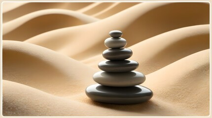a balanced stack of zen stones resting on sandy desert ground, symbolizing tranquility and harmony i