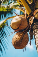 Wall Mural - Coconut fruit on tree with leaf closeup view