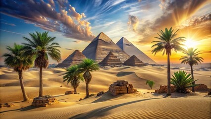 Majestic ancient pyramids rise above vast desert sands, with sunlight casting golden shadows on temple ruins, surrounded by majestic palm trees and vast blue skies.