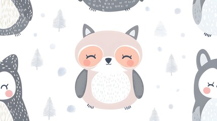 Wall Mural - Cute Cartoon Owl with Closed Eyes in Winter