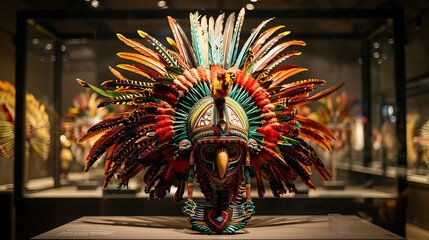 An ancient Aztec ceremonial headdress on display in a museum, with its vibrant feathers and intricate designs representing the power and spirituality of the Aztec civilization. The scene captures 