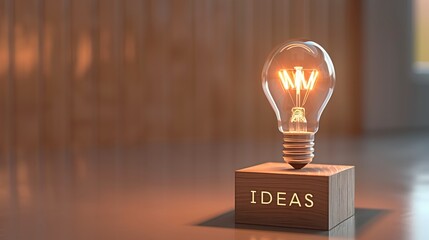 Glowing light bulb on wooden block labeled 'IDEAS' representing innovation and creativity against a blurred background.