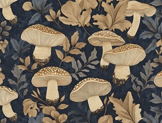 Wall Mural - Golden Mushrooms and Leaves Seamless Pattern