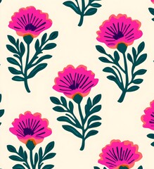 Wall Mural - Floral Pattern with Pink Flowers and Green Leaves