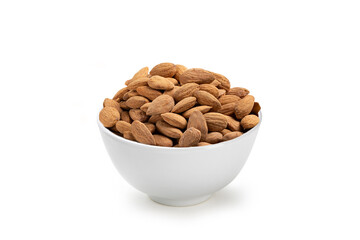 White bowl filled with Sicilian almonds on a white background. The almonds have a light brown, rough, and slightly elongated shell, typical of almonds grown in Sicily.