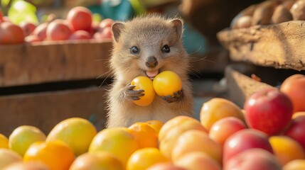 Wall Mural - A baby squirrel is holding two oranges in its mouth. The scene is set in a fruit market with a variety of fruits, including apples and oranges. The baby squirrel appears to be enjoying its snack