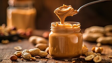 Close-up of creamy peanut butter in a jar with a spoon, surrounded by peanuts on a rustic wooden table.