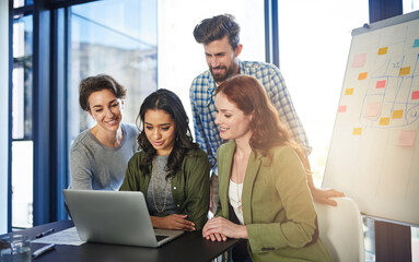 Poster - Laptop, planning and teamwork with business people in office for growth, development and strategy. Insight solution, creative organization and idea with employee in boardroom for project management