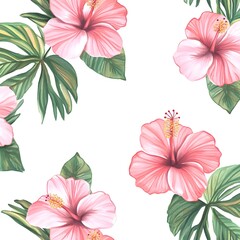 Sticker - Tropical Watercolor Hibiscus Flowers and Leaves