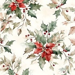 Wall Mural - Watercolor Christmas Holly Seamless Pattern