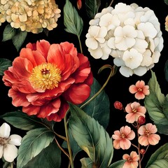 Poster - Vintage Floral Illustration with Peonies, Hydrangeas, and  Peach Blossoms