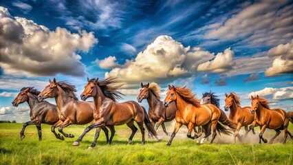 Majestic herd of wild horses, manes flowing in the wind, galloping freely in an open green meadow under a bright blue sky with fluffy clouds.