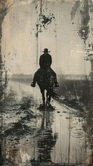 Wall Mural - Silhouette of a Rider on Horseback in a Foggy Landscape