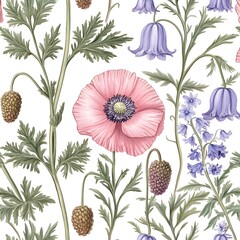 Wall Mural - Watercolor Floral Pattern with Poppy and Bellflowers