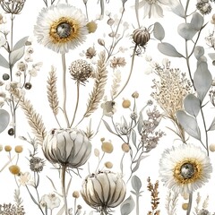 Wall Mural - Watercolor Botanical Floral Seamless Pattern with Dried Flowers, Eucalyptus, Leaves,  Branches