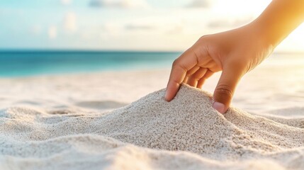 Wall Mural - A person is reaching into a pile of sand on the beach, AI