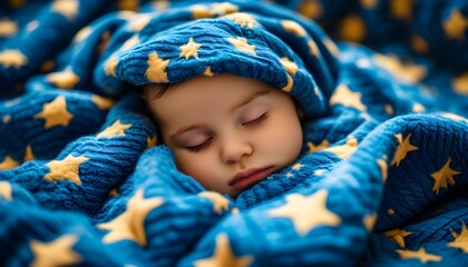 Sticker - Dreamy slumbering baby wrapped in a starry blue blanket