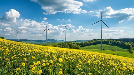 Poster - Wind Turbines in a Field of Yellow Flowers.