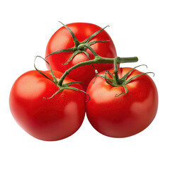 Three ripe red tomatoes with green stems arranged together isolated on a white background, transparent background.