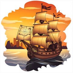 Poster - Old Sailing Ship with a Map at Sunset.