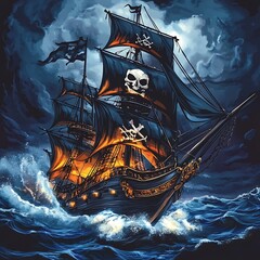 Poster - Pirate Ship Sailing Through a Stormy Sea.