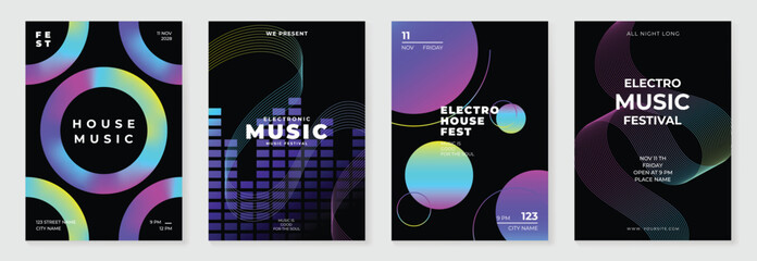 Sticker - Music poster design background vector set. Electro Sound Cover template with vibrant abstract gradient line wave, geometric shape. Ideal design for social media, flyer, party, music festival, club.