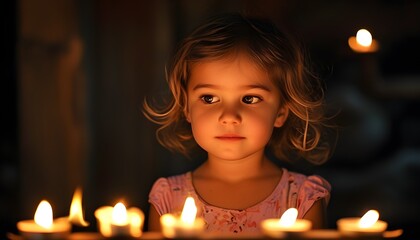 Wall Mural - Contemplative moment of a young girl gazing at a lit candle surrounded by softly glowing companions