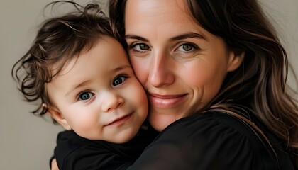 Wall Mural - Heartwarming embrace between a mother and her baby in a black shirt