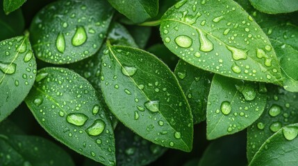 Raindrops on Leaves with Text Space, glistening droplets on vibrant green foliage, fresh and serene ambiance, ideal for inspirational messages or quotes