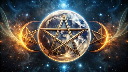 Mystical triple moon symbol with radiant glow, surrounded by a intricate pentagram, set against a dark, starry night sky with subtle misty atmosphere.