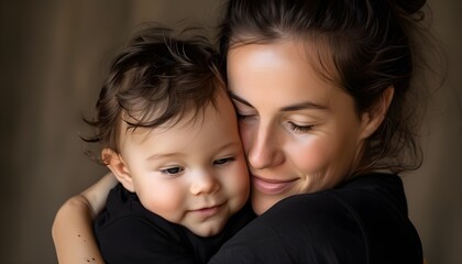 Wall Mural - Heartwarming embrace between a mother and her baby in a black shirt