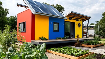 Wall Mural - brightly colored house with a solar panel on the roof