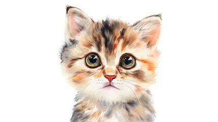 Wall Mural - Charming Kitten Illustration, adorable fluffy kitten with big expressive eyes, isolated on white, ideal for children's products, ample copy space for text.