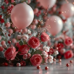 Poster - balloons and flowers are arranged in a vase with pink and white flowers