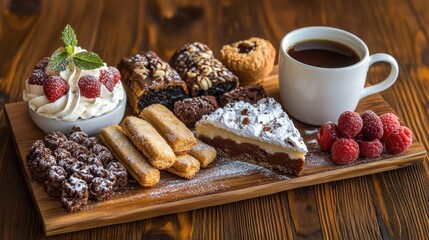 27. A beautifully arranged dessert platter featuring Italian favorites like cannoli, biscotti, and a slice of almond cake, served with a cup of espresso on a wooden table.