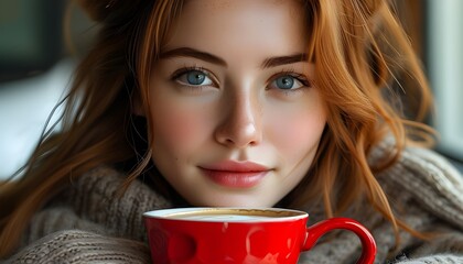 Charming Woman Enjoying a Red Coffee Cup Surrounded by Artistic Elements, Embracing Relaxed Morning Vibes in a Close-Up Portrait