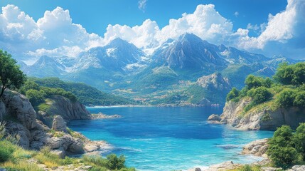 Wall Mural - Serene mountain landscape with a tranquil blue lake and lush greenery.