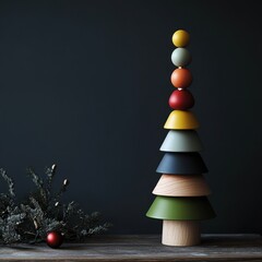 Sapin moderne en bois avec sphères et couleurs vives minimalistes