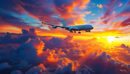 Wall Mural - Epic Airplane Soaring Above Cloudy Planet at Sunset with Dramatic Sky, Showcasing the Allure of Exploration and Adventure in Vibrant Colors