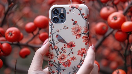 Capturing spring’s beauty with a floral phone case amidst vibrant red fruit blossoms in a tranquil garden. Generative AI